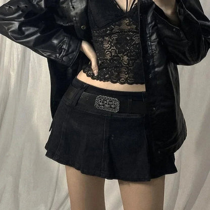 Goth Pastel Micro Mini Low Rise Black Pocket Patchwork A-line Skirt