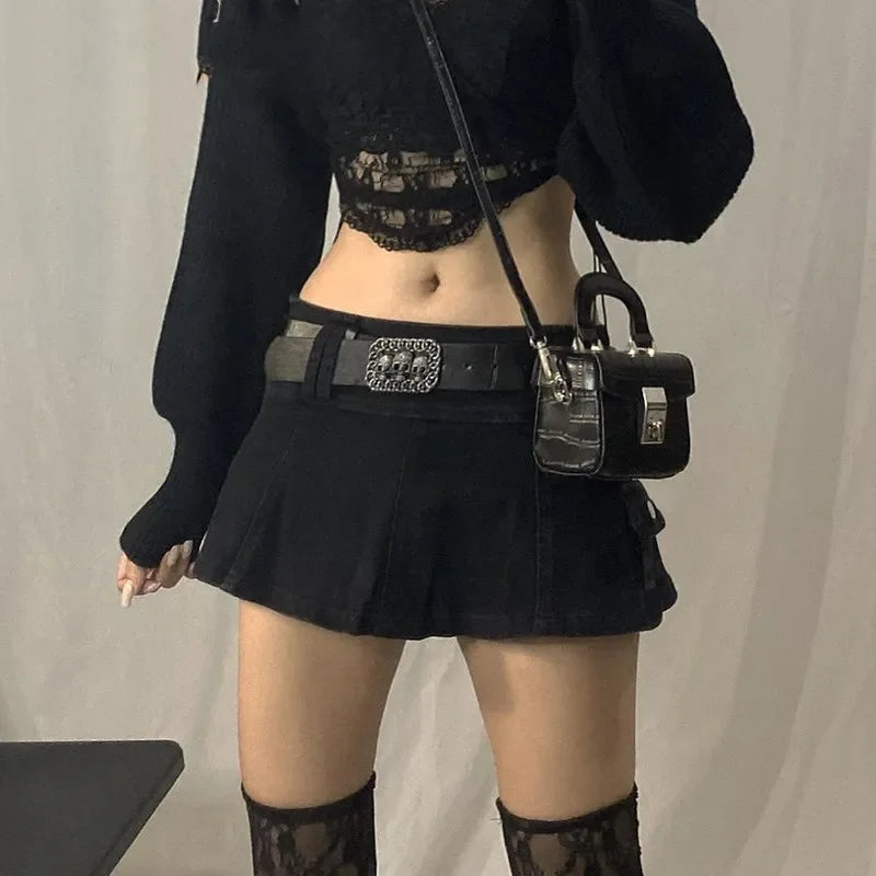 Goth Pastel Micro Mini Low Rise Black Pocket Patchwork A-line Skirt