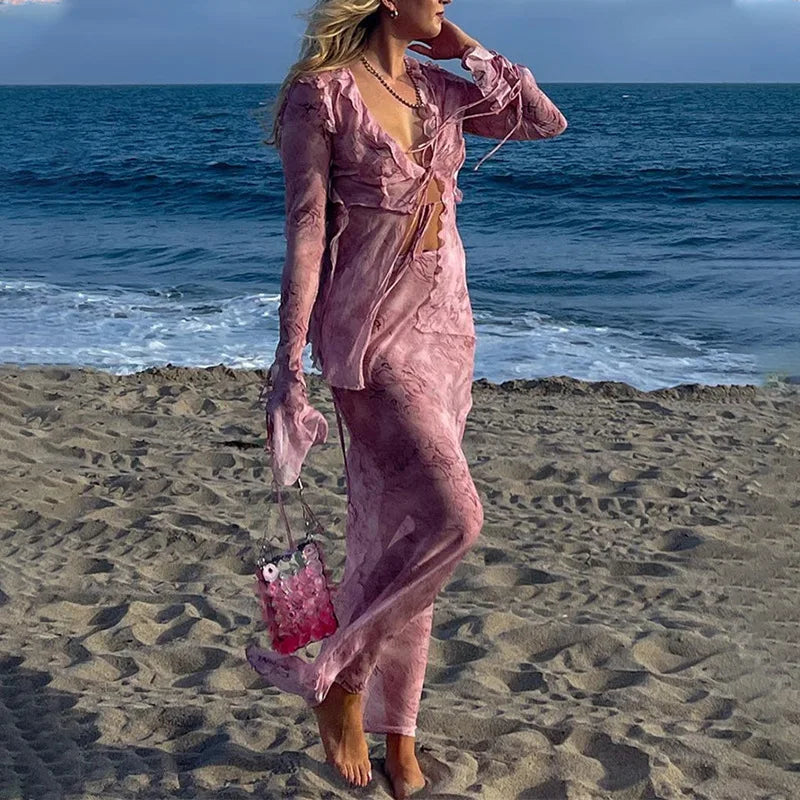 Y2k Print Mesh Long Sleeve Top Maxi Skirt