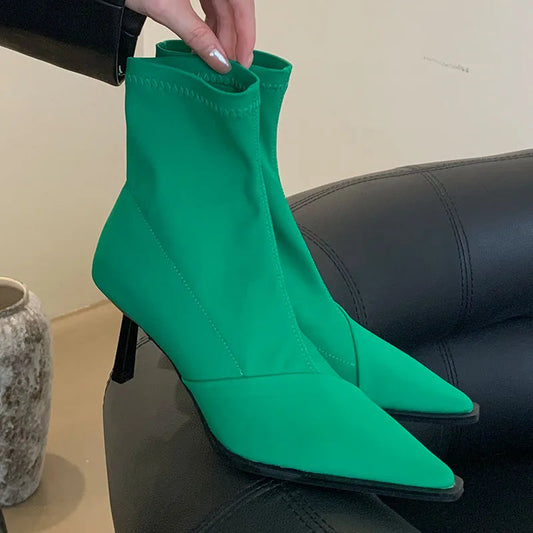 Stretchable Elastic Pointed Toe Heeled Ankle Boot