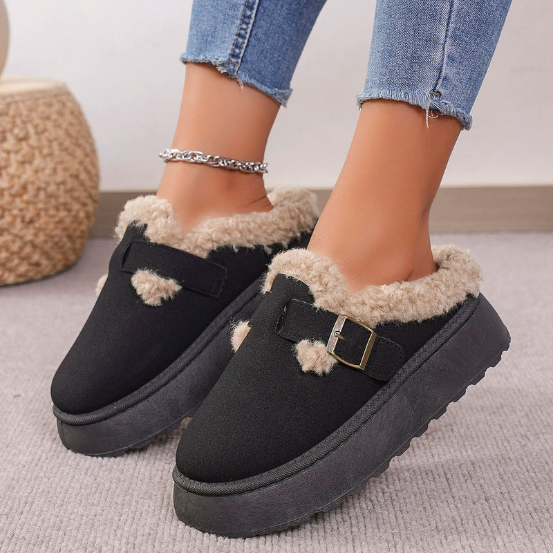 New Winter Boken Shoes Plush Retro Bean Shoes Cotton Flat Sole Slippers Platform Boots