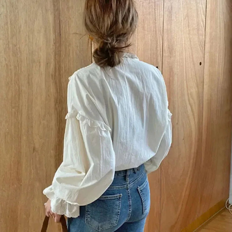 Lace Hollow-out Long Sleeve Blouse