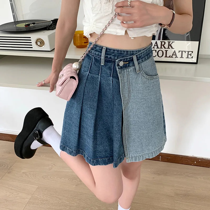 Denim Contrast Color Patchwork A-line Mini Skirt