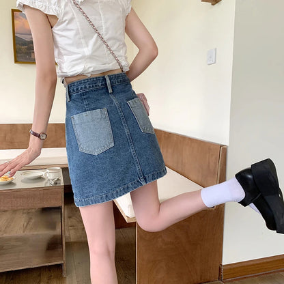 Denim Contrast Color Patchwork A-line Mini Skirt