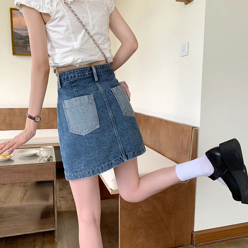 Denim Contrast Color Patchwork A-line Mini Skirt