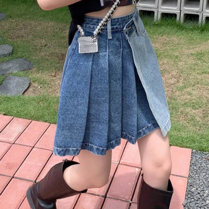 Denim Contrast Color Patchwork A-line Mini Skirt