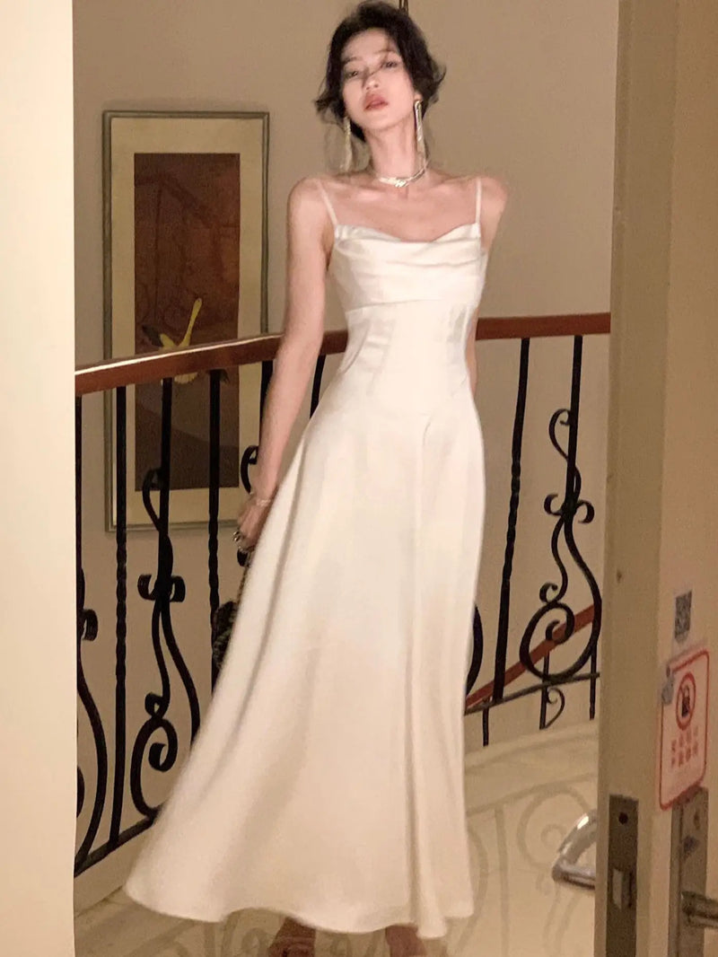 New Summer Satin Midi Dress Slim Spaghetti Strap Party Dresses Wedding Evening Birthday Backless Prom Robe Clothes