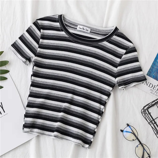 New T Shirt Rainbow Striped Tops Slim Fit T Shirt Harajuku Tshirt Summer Short Sleeve Korean T-shirt Feminina Clothes Tops
