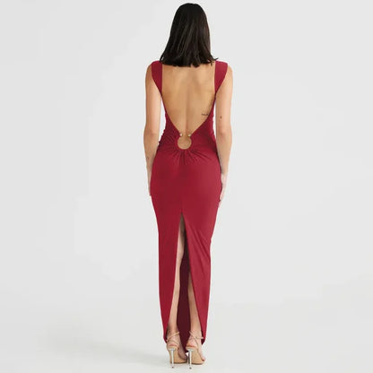 New V-neck Hollow Long Dress High Waist Backless Sleeveless Party Dresses Irregular Slit Evening Dress