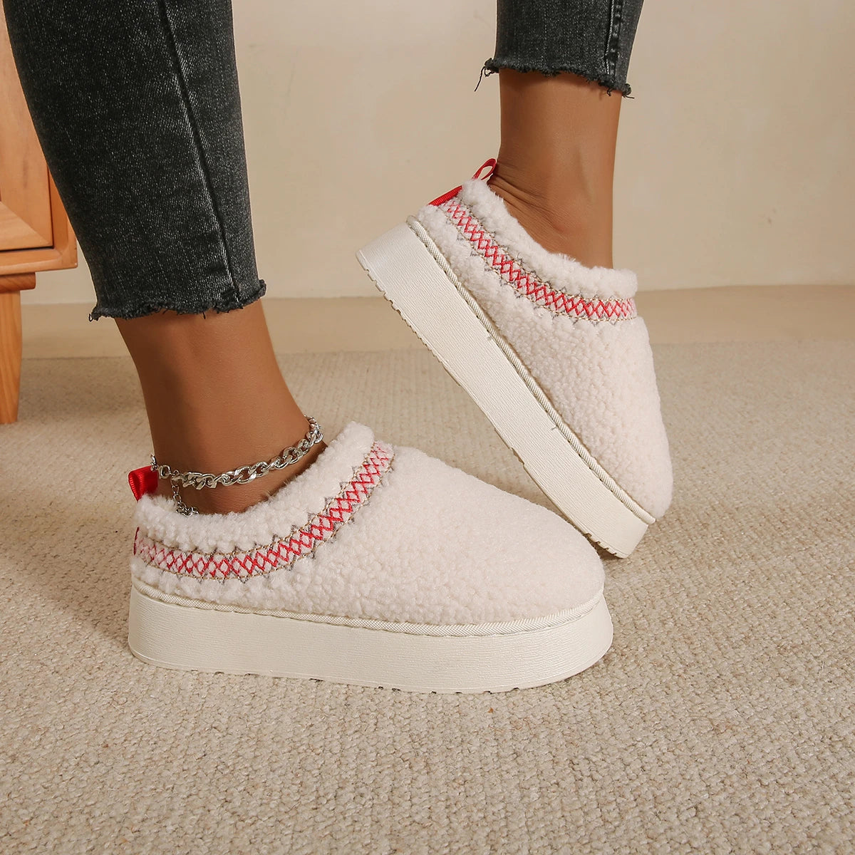 New Warm Fur Ankle Boots Flats Platform Slippers Plush Flip Flops Winter Cotton Shoes for Brand Design Snow Botas