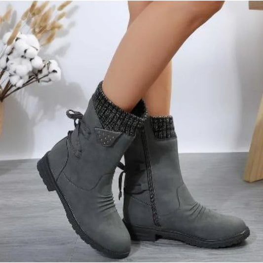 New Winter Fashionable Retro Low Heeled Warm Mid Calf Ankle Boot