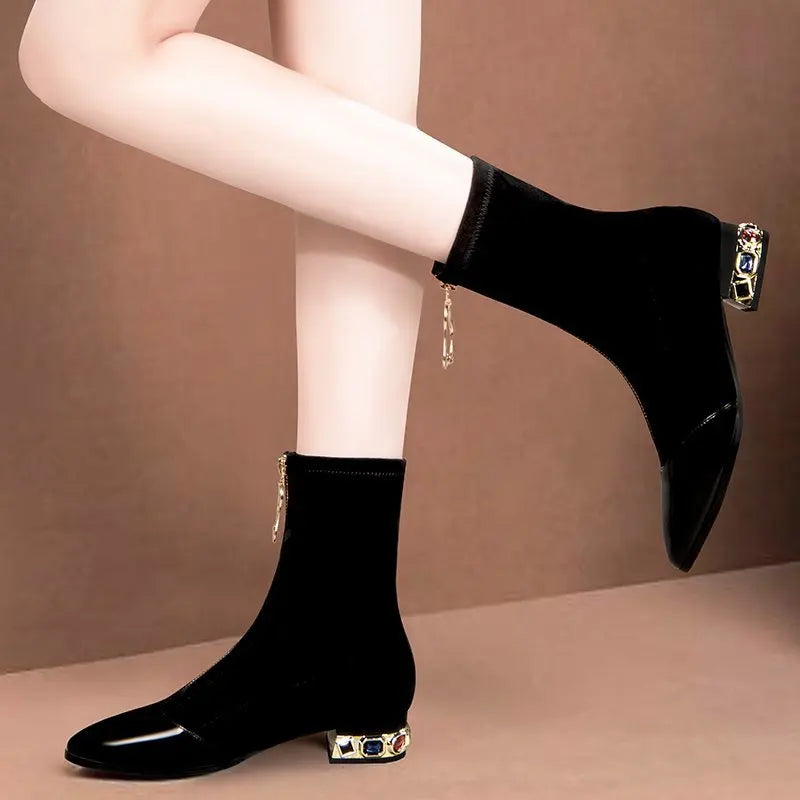 New Crystal Pointy Rhinestone Black Ankle Boot