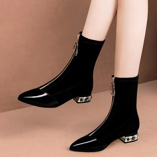 New Crystal Pointy Rhinestone Black Ankle Boot