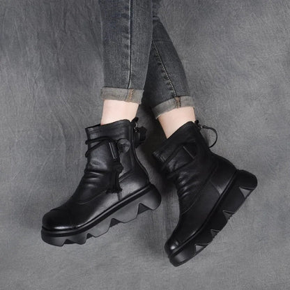 High Top Leather Cowboy Round Toe Lace Up Platform Ankle Boot