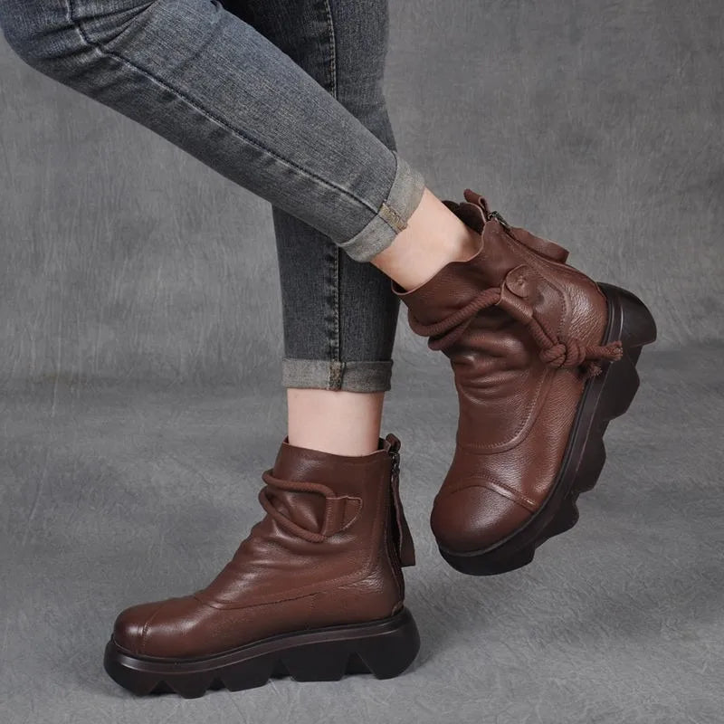High Top Leather Cowboy Round Toe Lace Up Platform Ankle Boot