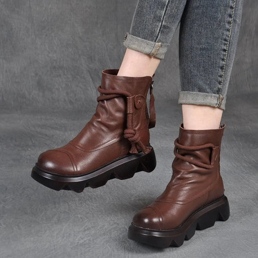 High Top Leather Cowboy Round Toe Lace Up Platform Ankle Boot