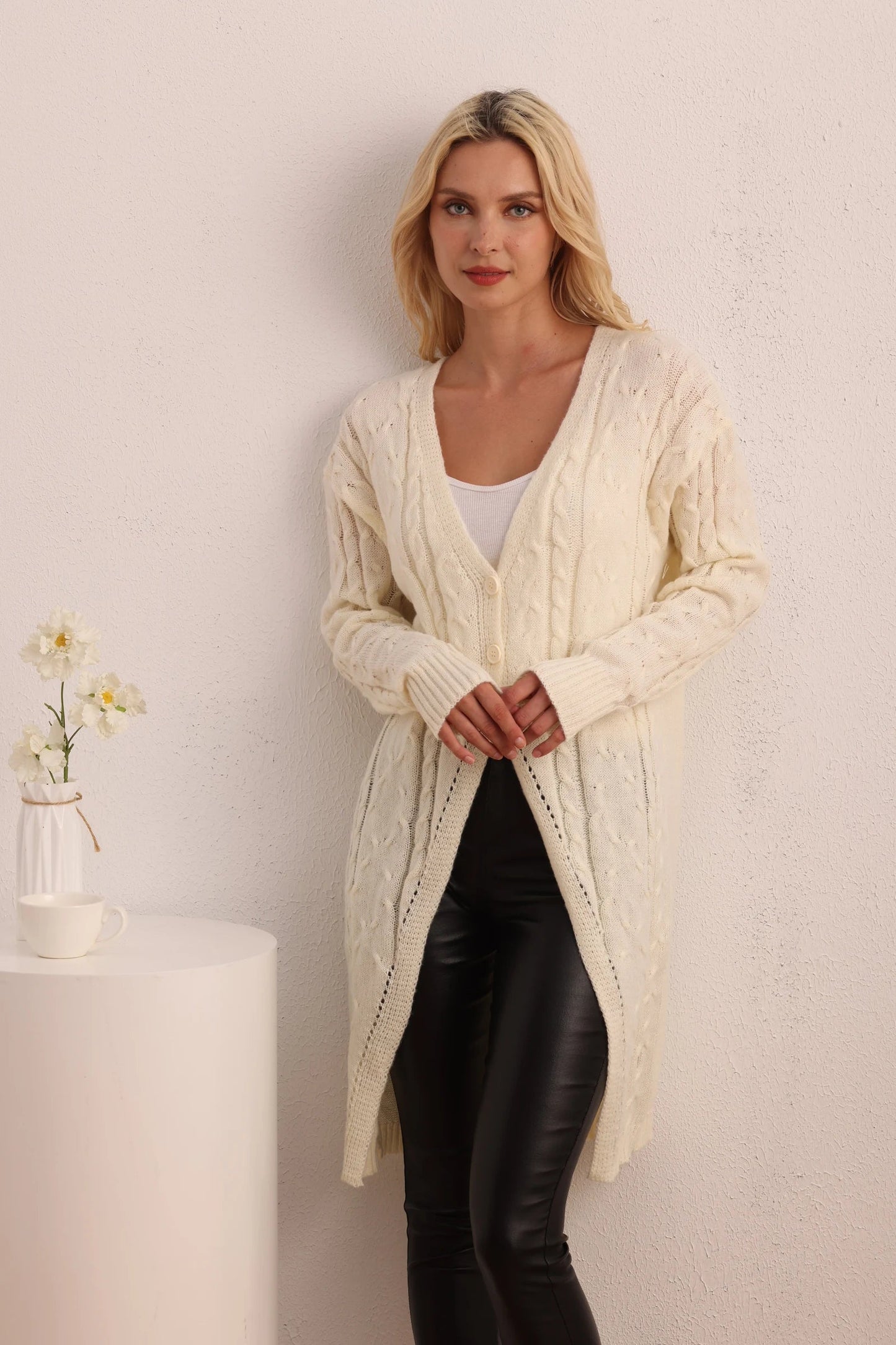 New Long Knitted Long-sleeved Twist Button Cardigan