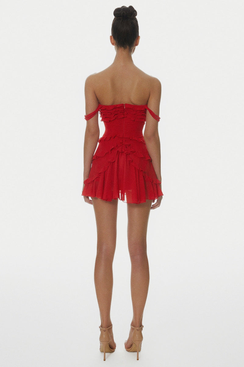 Nirva Off Shoulder Ruffle Mini Dress - Wine