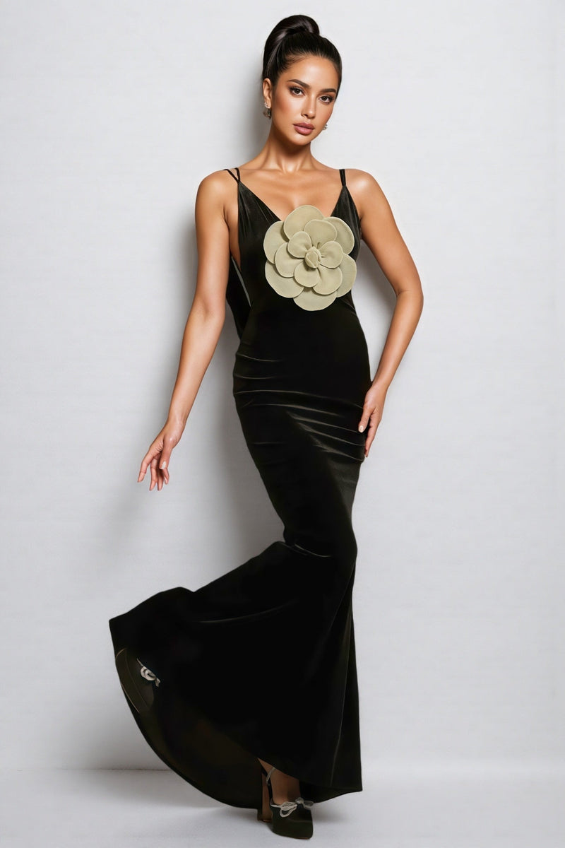 Sorelk Plunge Neck Flower Velvet Maxi Dress