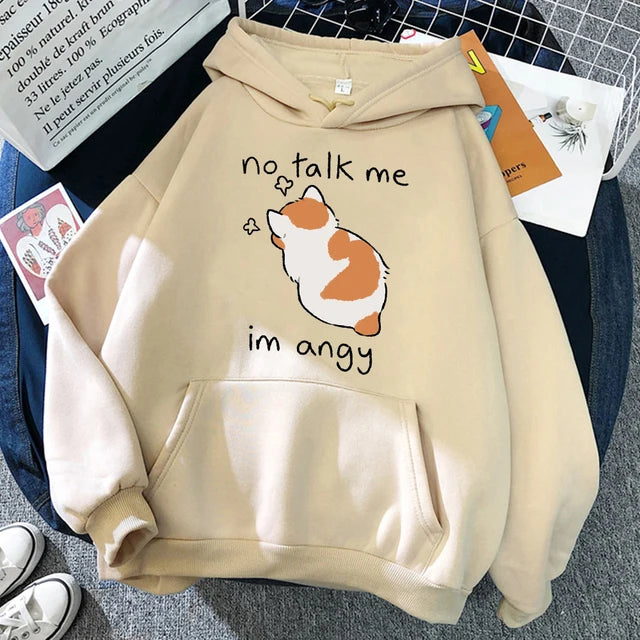 No Talk Me Angry Cat Print Hoody Hip Hop Soft Sweatshirt Fleece Sweatshirt Oversize Fleece