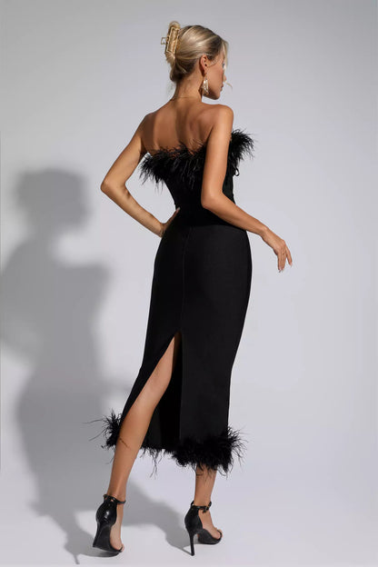 Noelle Black Feather Off-shoulder Maxi Dress