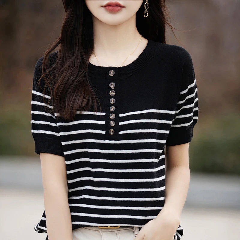 O-neck Stripe Summer Short Thin Knit Sweater