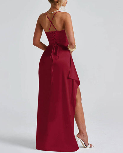 ' Satin Back Tie, Pleated Hem, Slit High Low Waist Long Skirt