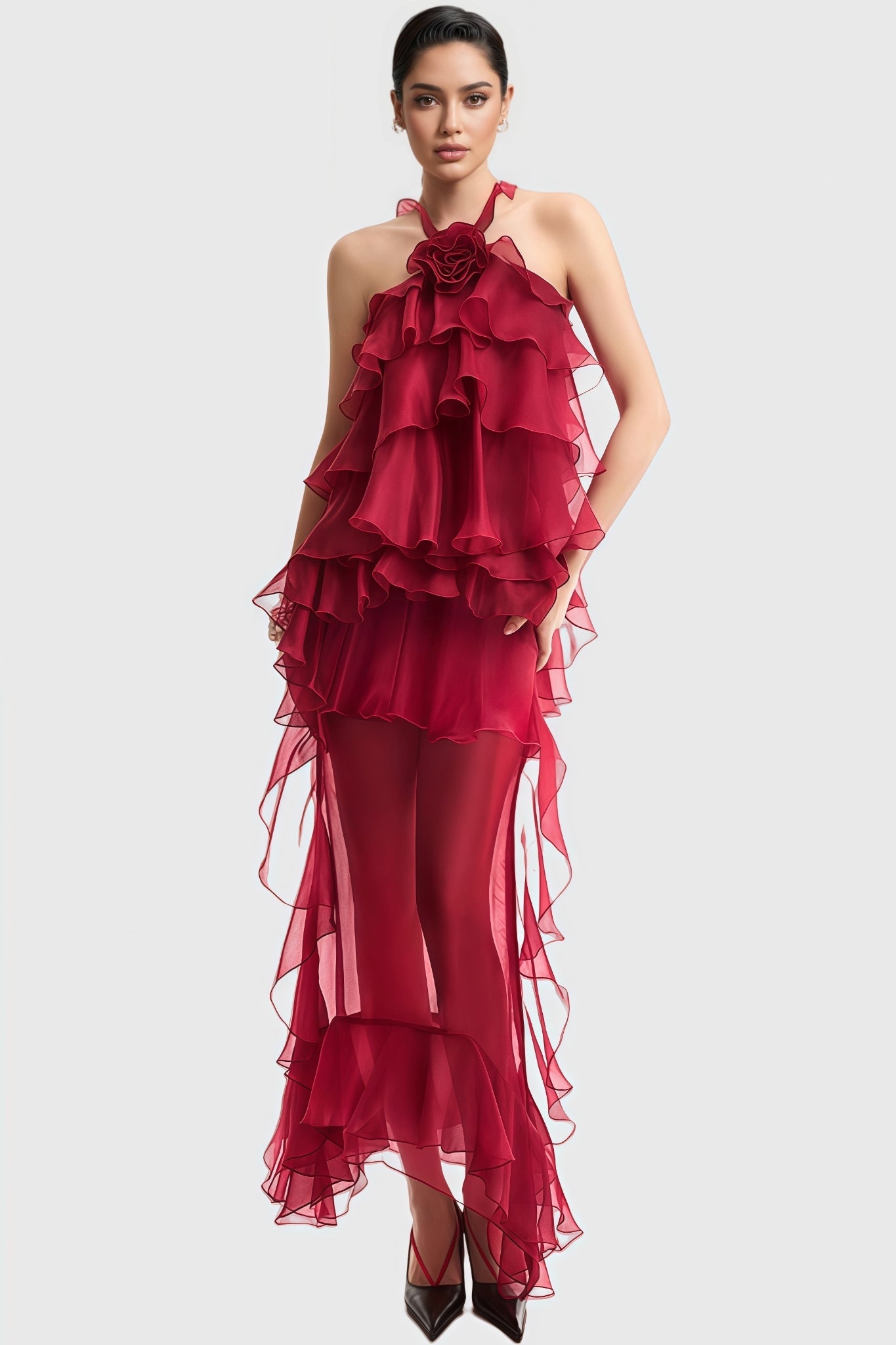 Roalk Red Ruffled 3d Flower Maxi Dress