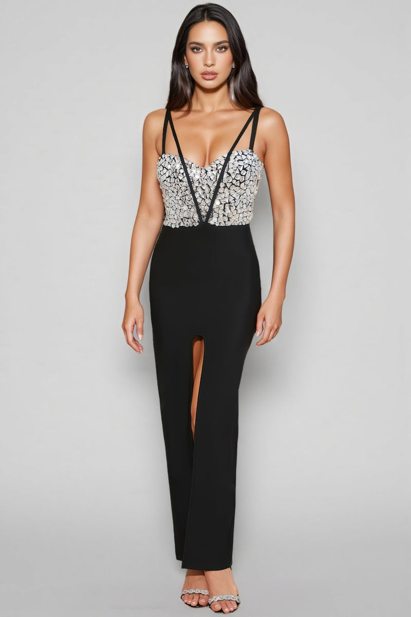 Eirike Glitter Diamond High Split Maxi Dress