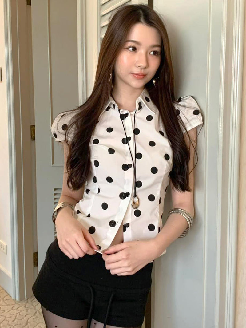 Polka Dot Print Short Sleeve Loose Versatile Blouse