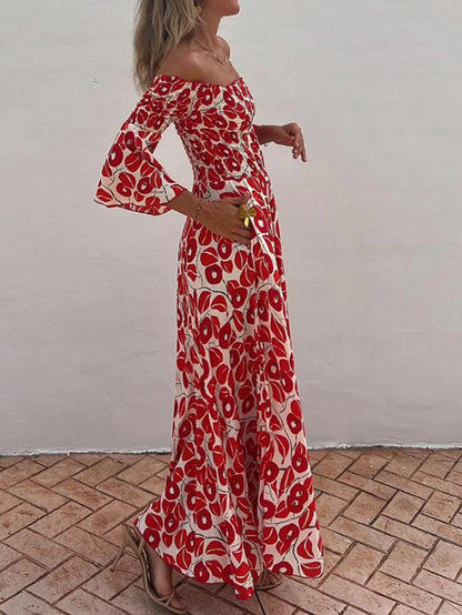 ' Vacation Flower Street Printed Off Shoulder Waist Pocket Long Dress
