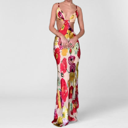 Hawaiian Dreams Satin Print Cutout Backless Maxi Dress