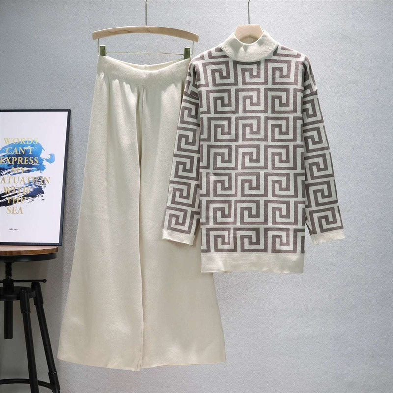 Apricot - Knitted Sweater & Wide-leg Pants Two Piece Set
