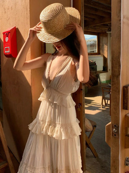 French Soft Ruffle Tiered Maxi Dress _ Cotton Linen Vacation Gown for Summer Gunne Sax Dress