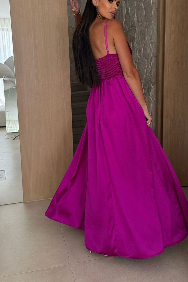 Color Suspender Back Pleated Slit Full Hem Maxi Dress