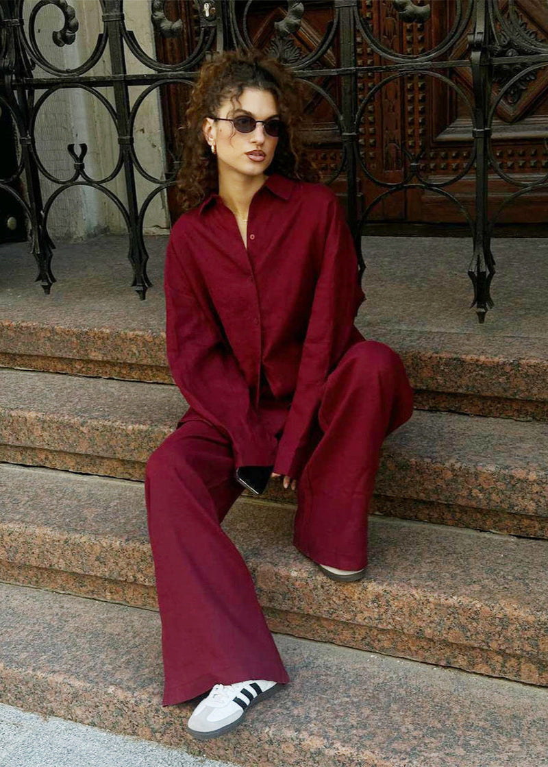 Merlot – Relaxed Cotton Shirt & Wide-leg Pants Set