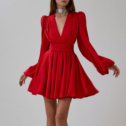 Ruched Puff Sleeve V Neck Waist Belt Satin a Line Mini Dress