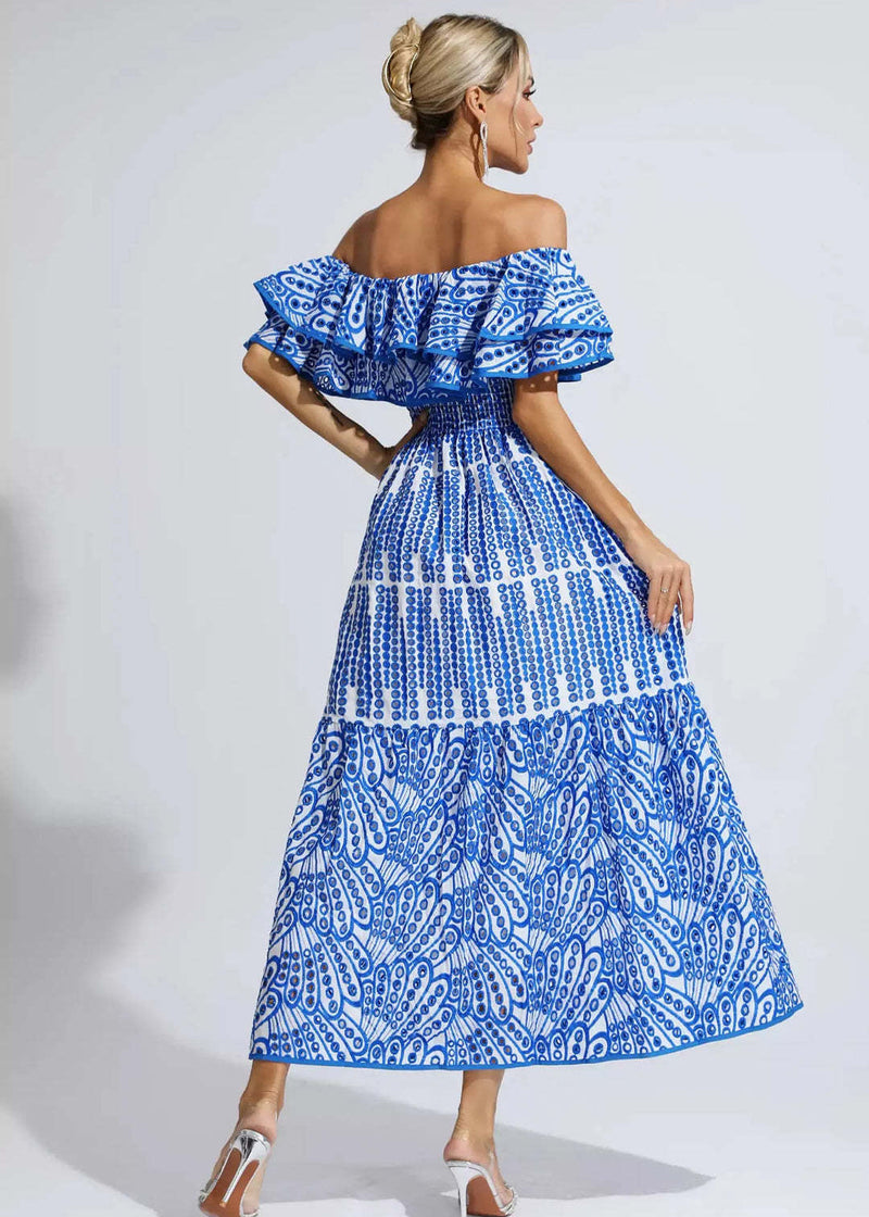 Marina Ruffle Off-shoulder Dress – Blue Embroidered Maxi