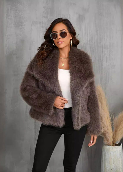 Amara Faux Fur Jacket – Soft Brown Short Coat With Wide Collar
