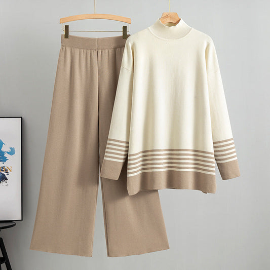 Khaki - Striped Half-turtleneck Sweater Two Piece Set