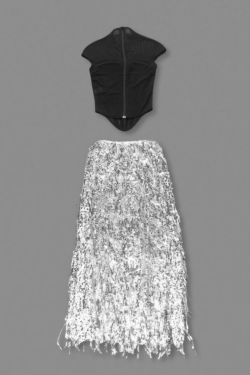 Xenia Fringe Beaded Maxi Dress Two Piece Set