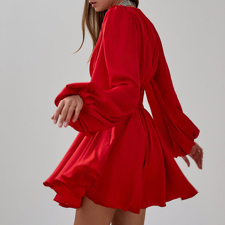 Ruched Puff Sleeve V Neck Waist Belt Satin a Line Mini Dress
