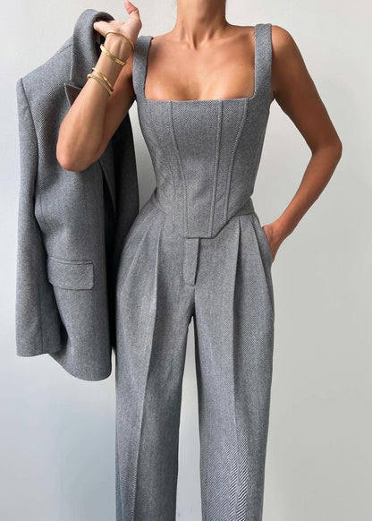 Charcoal Gray Corset Jumpsuit With Matching Blazer