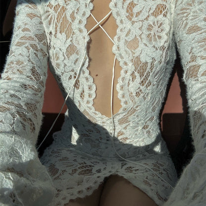 Garcelle Lace Lace-up Long Bell Sleeve Slit Midi Dress