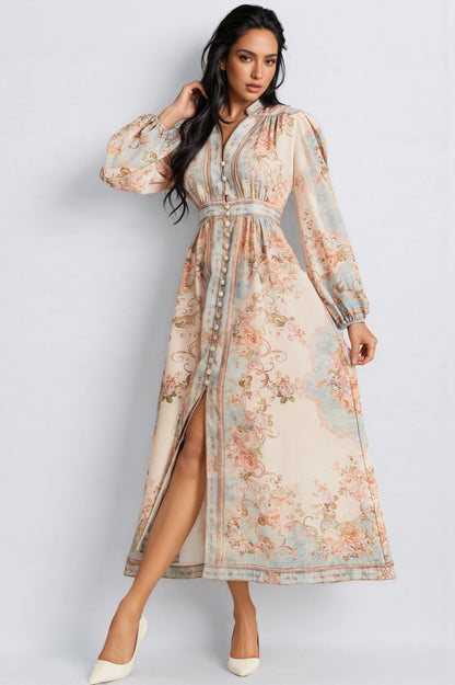 Quillon Blue Print Single Breasted Maxi Dress