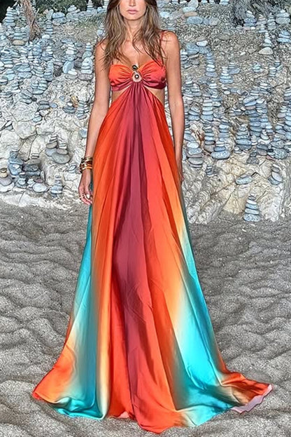 Queen Neon Sunset Printed Metal Decor Hollow Back Lace Holiday Long Dress
