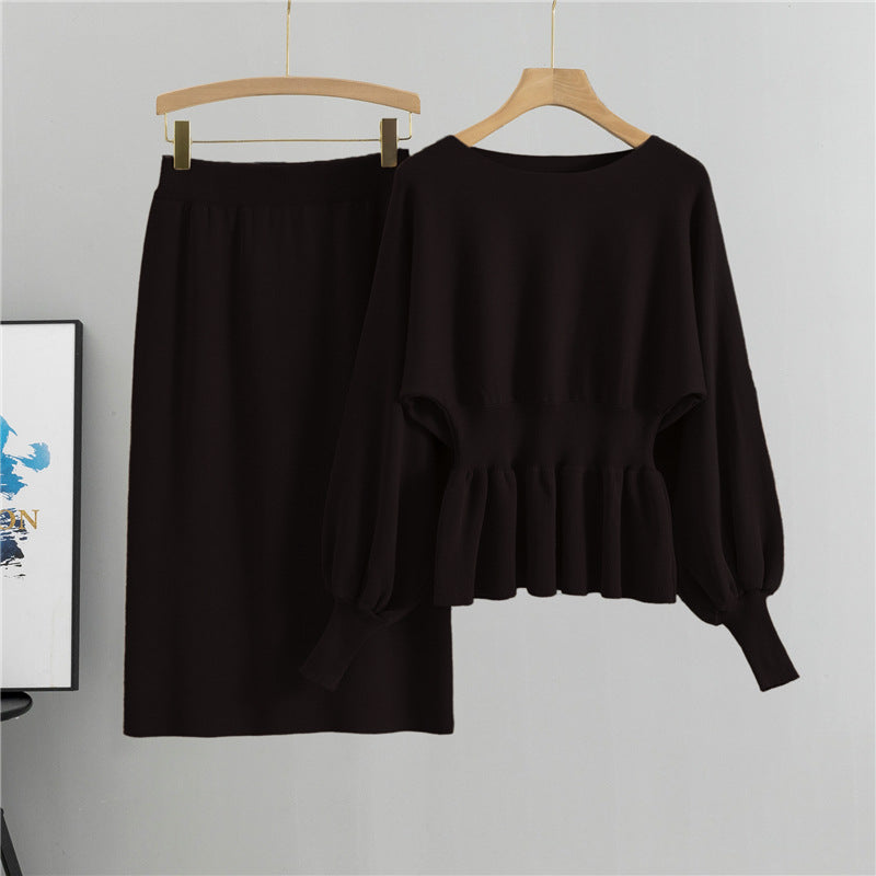 Black - Long-sleeve Bodycon Skirt Two Piece Set
