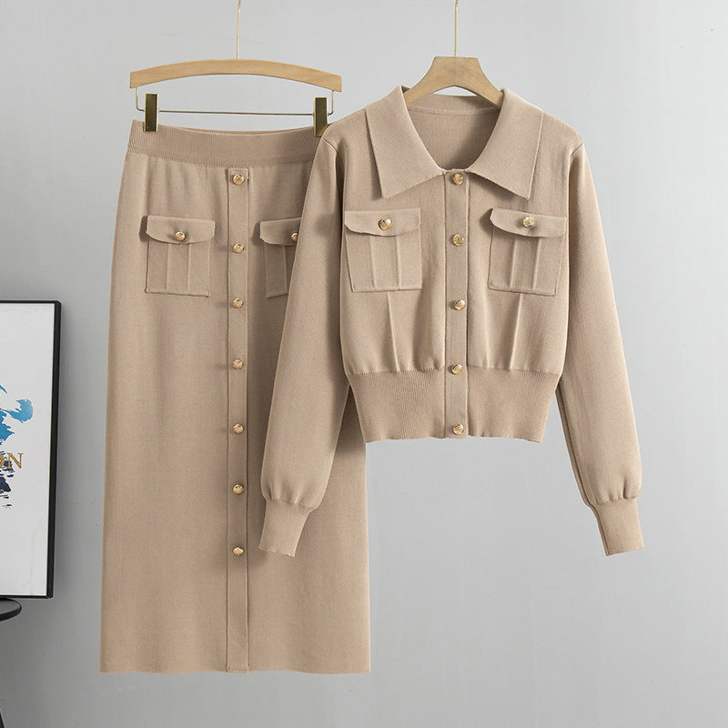Knitted Slim-fit Two Piece Set - Khaki