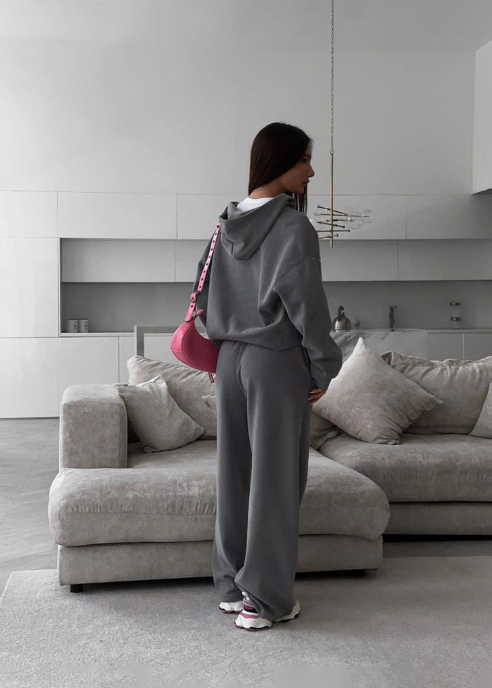 Charcoal Zip-up Hoodie and Wide-leg Pants Set – Cozy Two-piece Loungewear