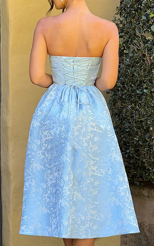 Jacquard Fabric Strapless Open Back Slim Midi Dress